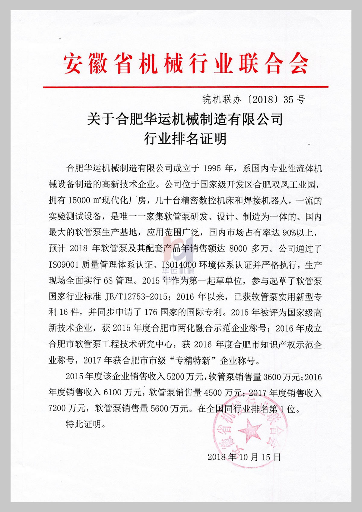 关于合肥华运机械制造有限公司行业排名证明